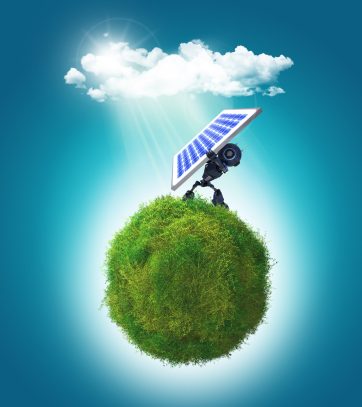 3D render of a grassy globe a robot holding a solar panel to the sunlight